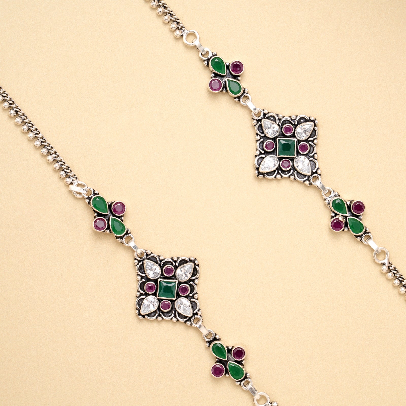 Ruby Emerald Square Bloom Silver Anklet