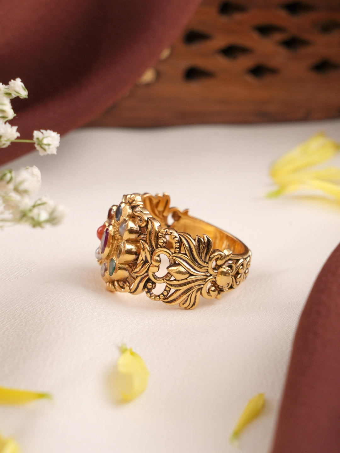 Royal Flower Navarathna Gold Ring