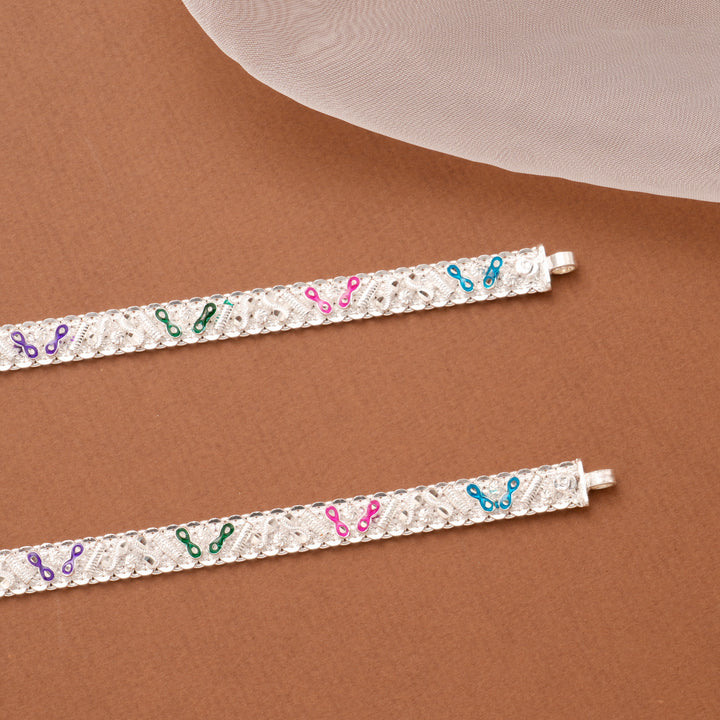 Colorful Enamel Motif Broad Silver Anklet