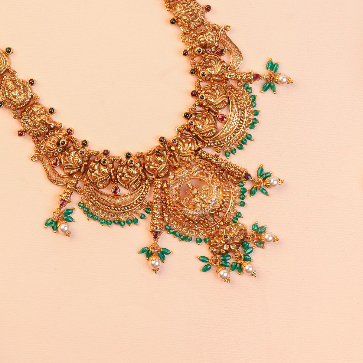 Gold Plated Silver Antique Lakshmi Temple Haram with Lakshmi Link Chain