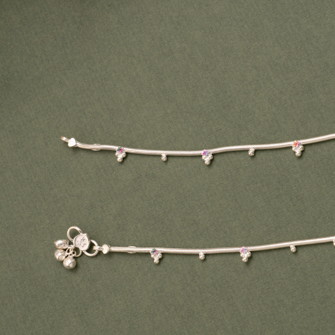 Floral Drop Silver Anklet with Enamel
