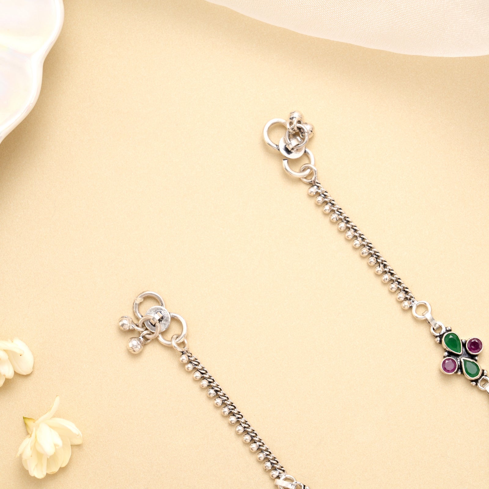 Ruby Emerald Square Bloom Silver Anklet
