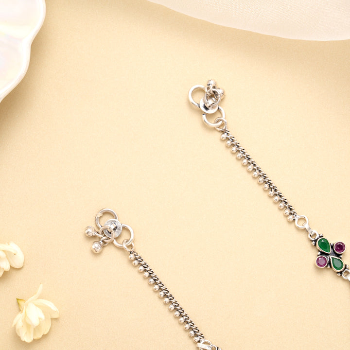 Ruby Emerald Square Bloom Silver Anklet