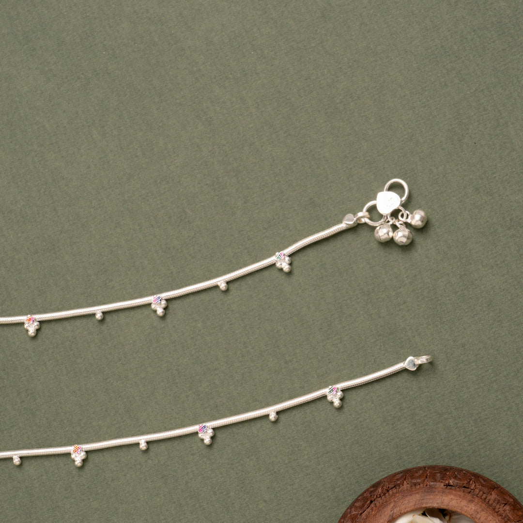 Floral Drop Silver Anklet with Enamel