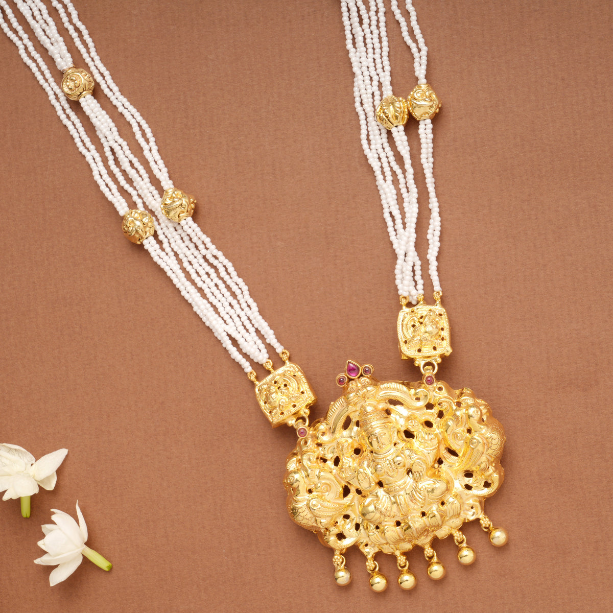 Multi Layer Pearls with Golden Lakshmi Pendant Haram