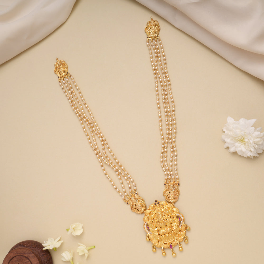 Heritage Pearl Multi Layer Golden Lakshmi Pendant Haram