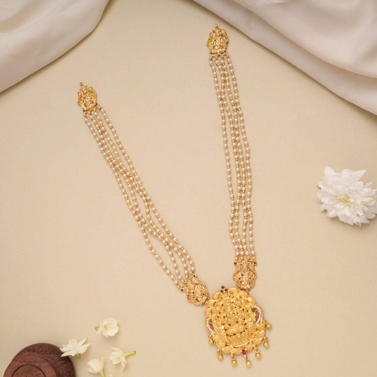 Heritage Pearl Multi Layer Golden Lakshmi Pendant Haram