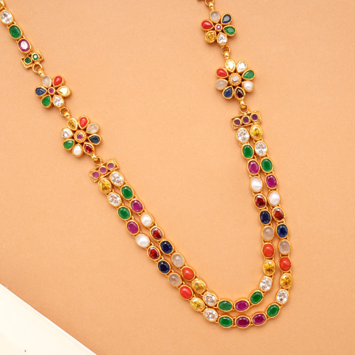 Colourful Dual Flower Layered Golden Necklace