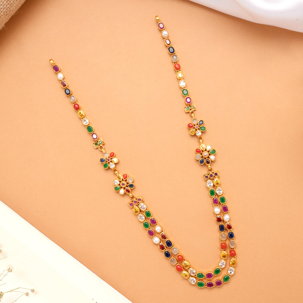 Colourful Dual Flower Layered Golden Necklace