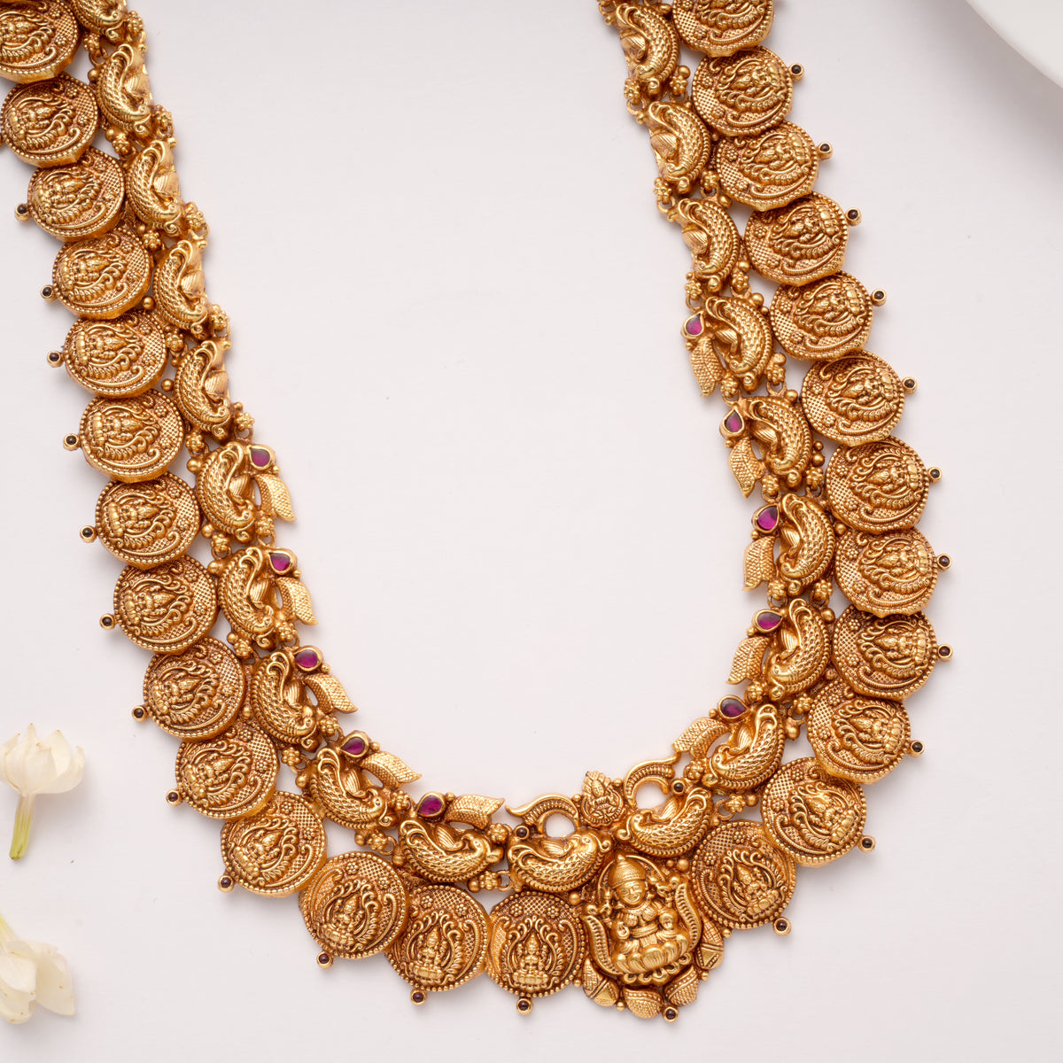Traditional Kemp Stone with Peacock Lakshmi Golden Kasumalai