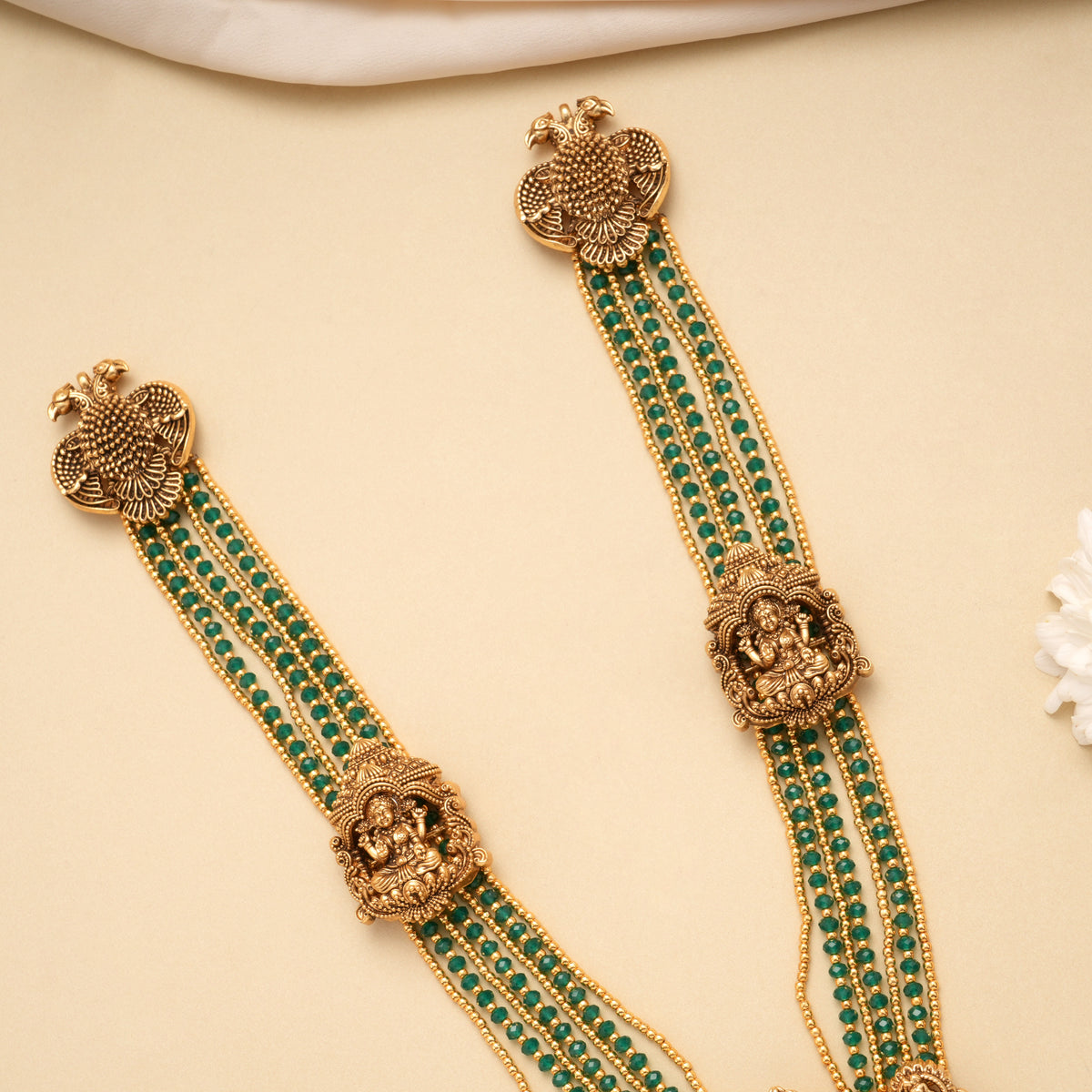 Multi Layer Ashtalakshmi Green Beads Golden Haram