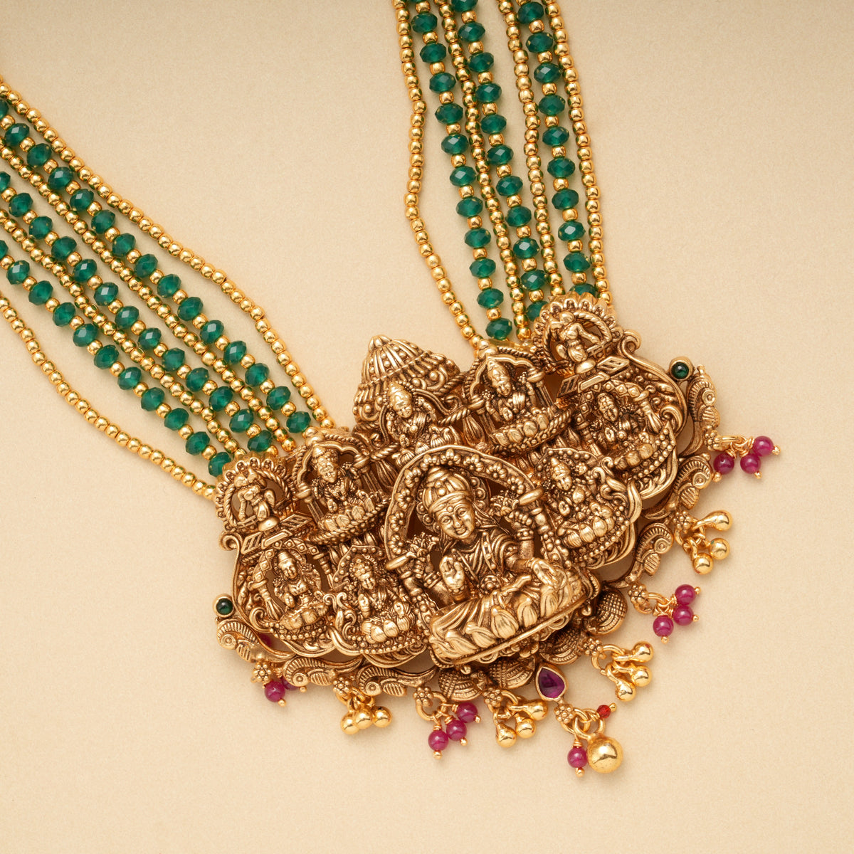 Multi Layer Ashtalakshmi Green Beads Golden Haram