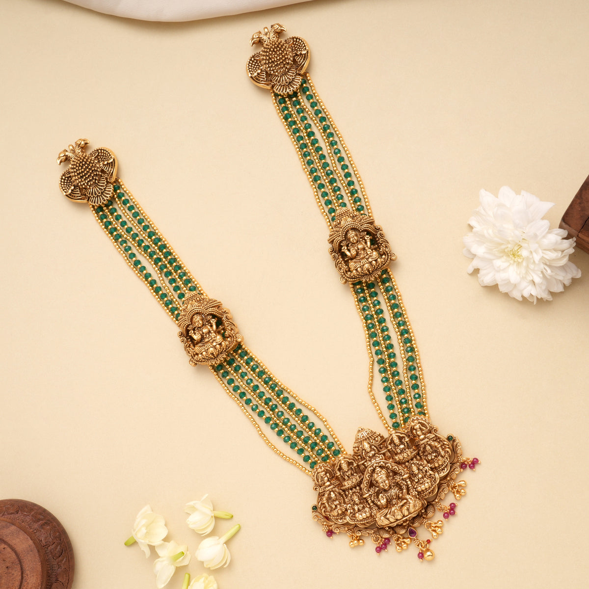 Multi Layer Ashtalakshmi Green Beads Golden Haram