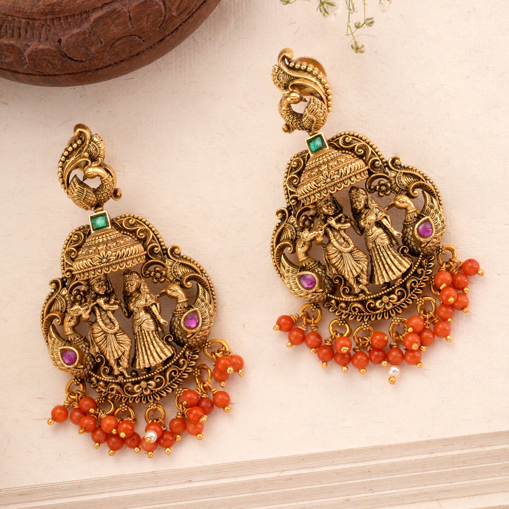 Antique Radha Krishna Coral Drop Earring
