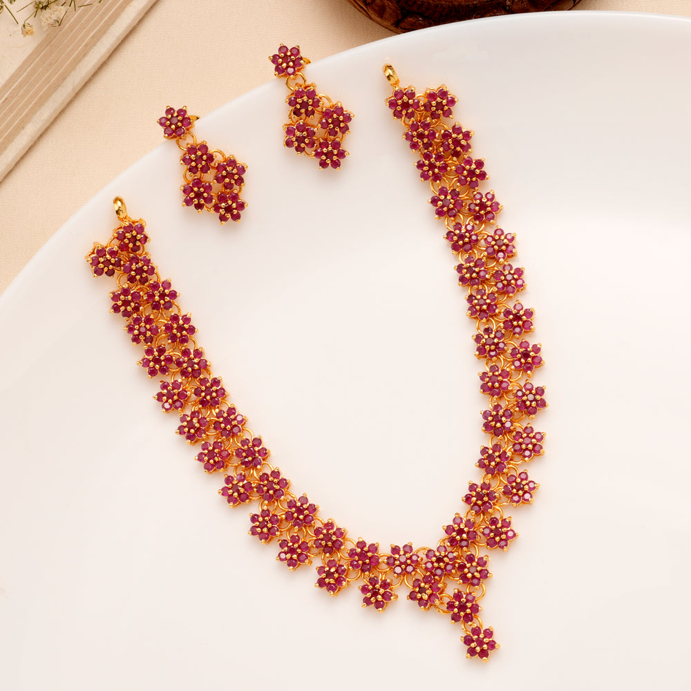 Ruby Cluster Floral Necklace Set