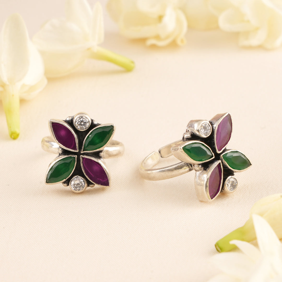Ruby & Emerald Flower Design Toe Ring