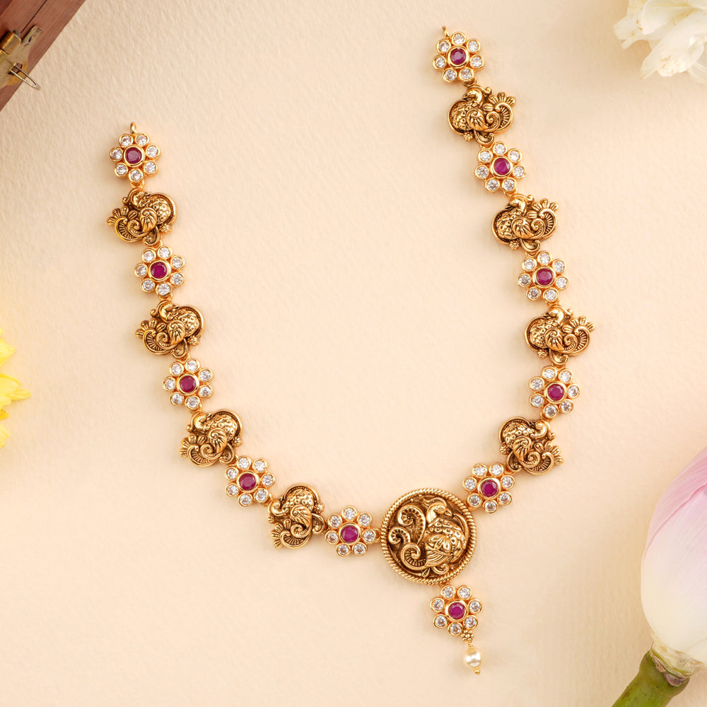 Peacock with Ruby Floral Antique Necklace
