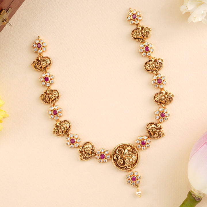 Peacock with Ruby Floral Antique Necklace