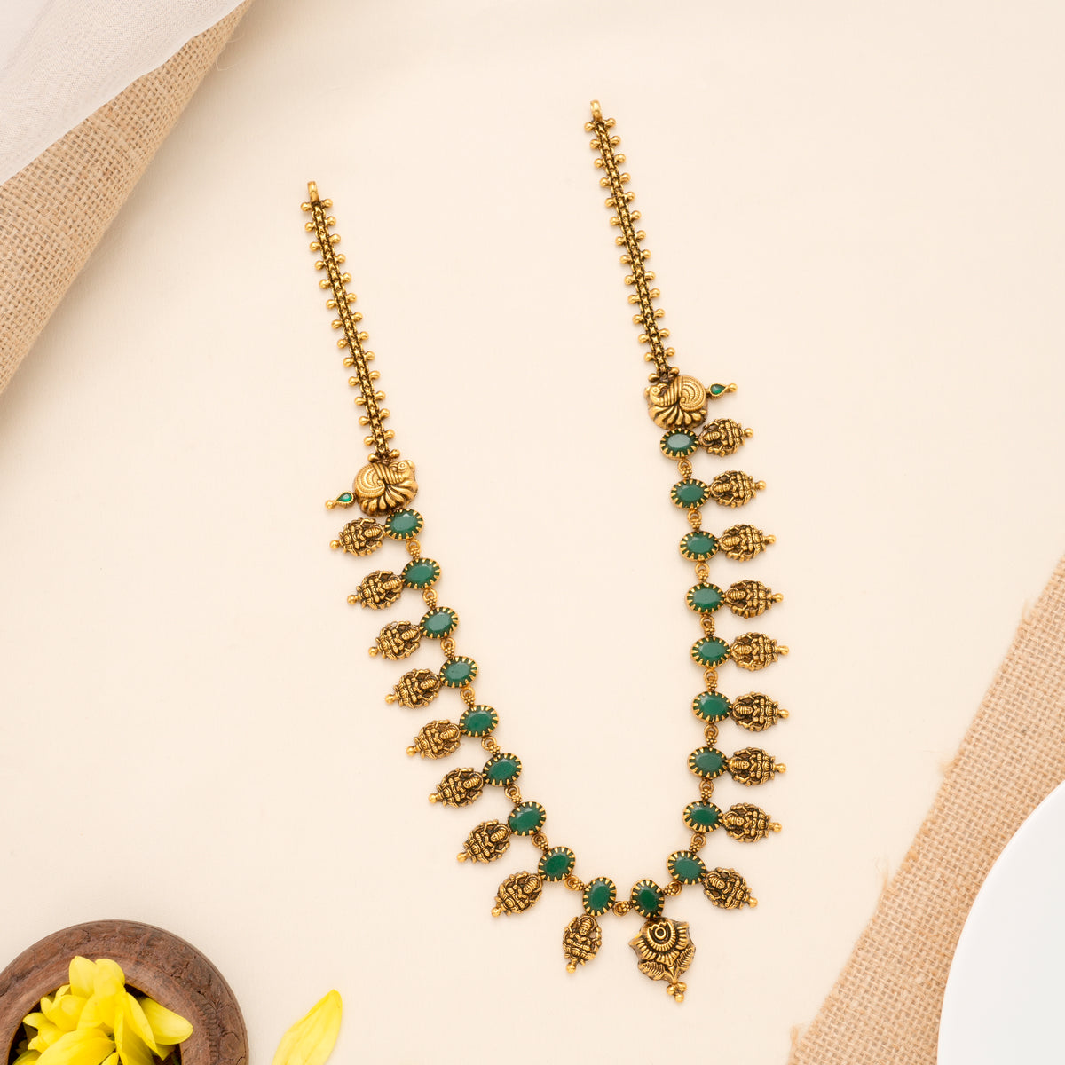Floral with Emerald Lakshmi Pattern Golden Haram