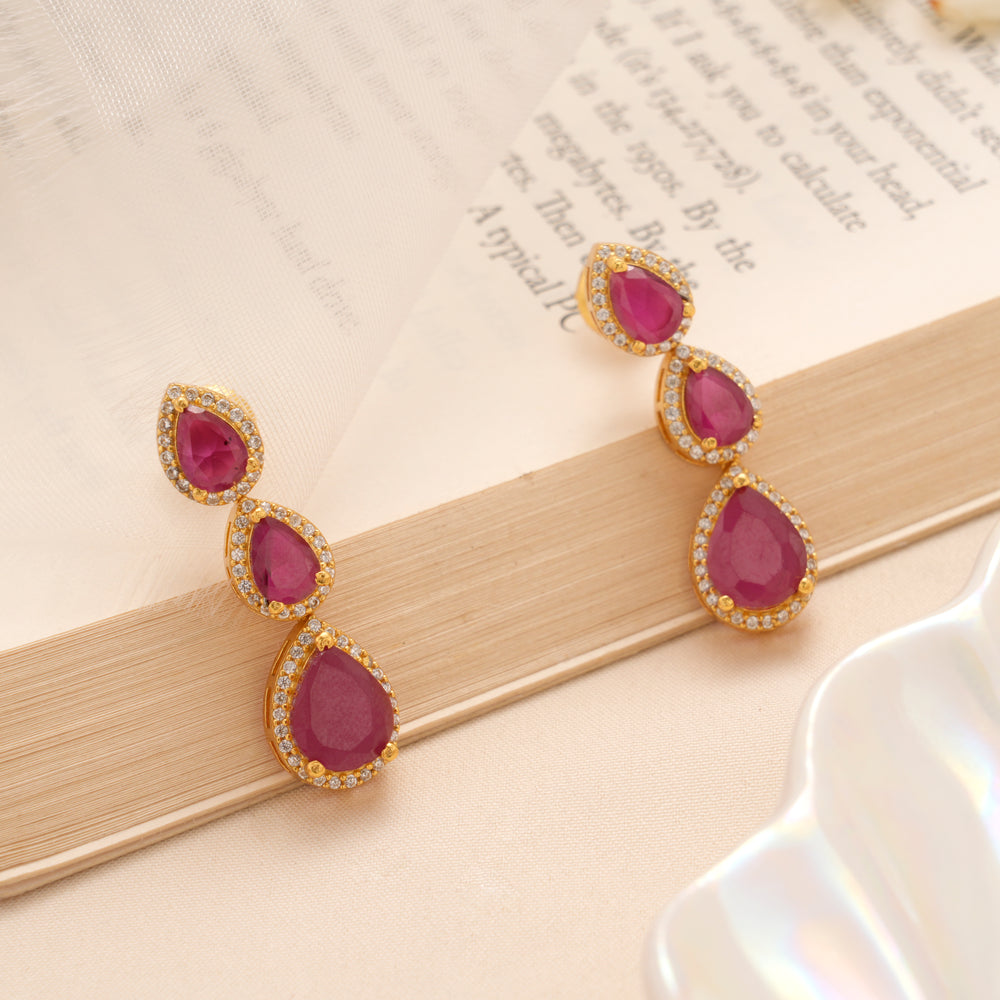 Elegant Triple Drop Ruby Silver Golden Earrings