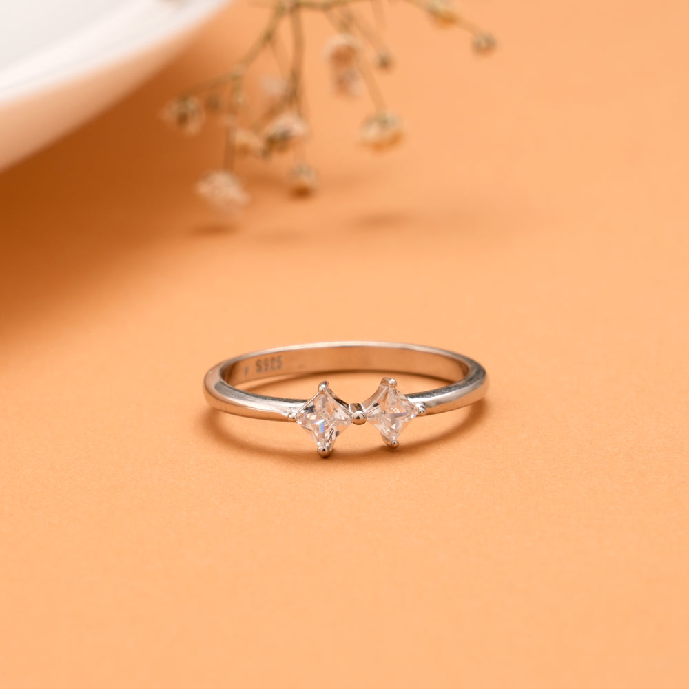 Dual Princess Cut White Stone Silver Ring