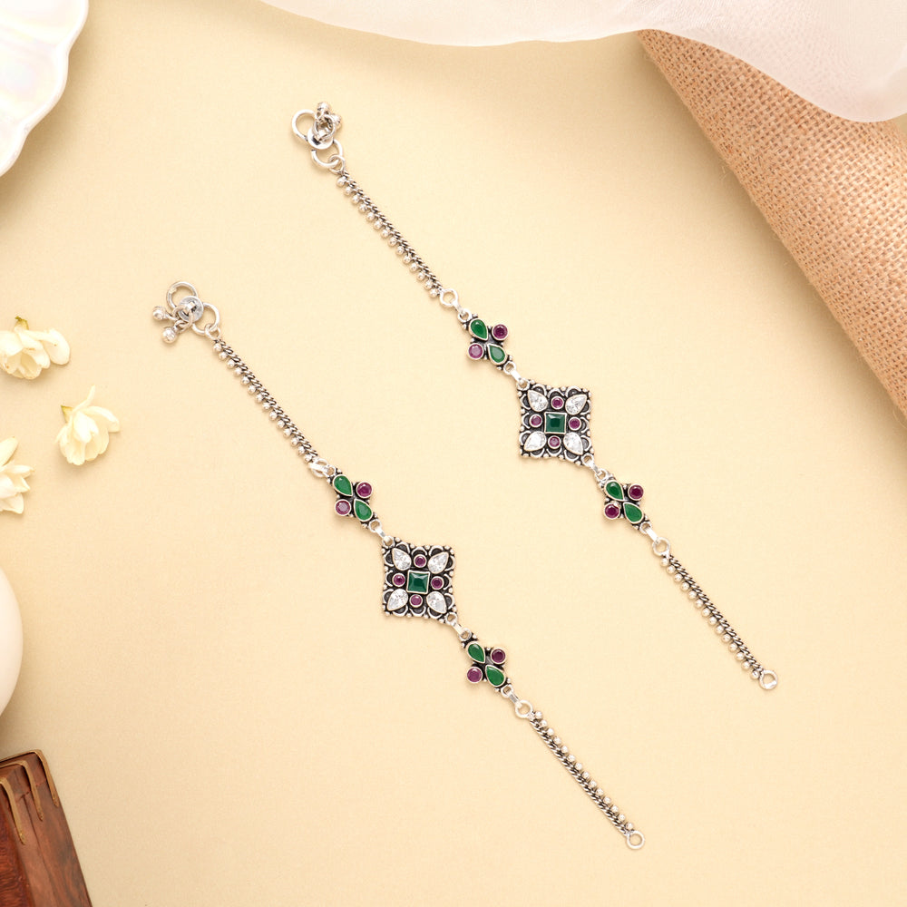 Ruby Emerald Square Bloom Silver Anklet