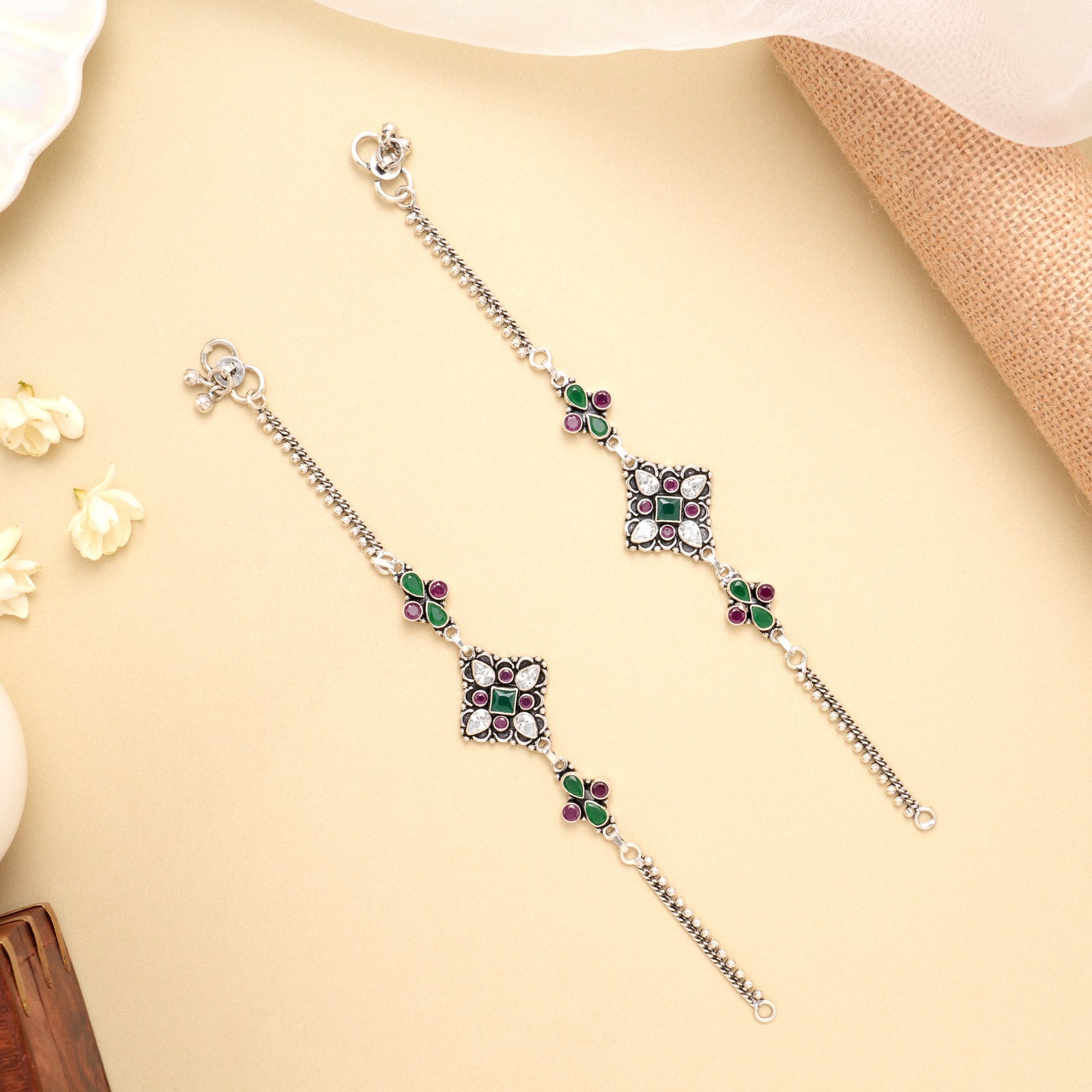 Ruby Emerald Square Bloom Silver Anklet