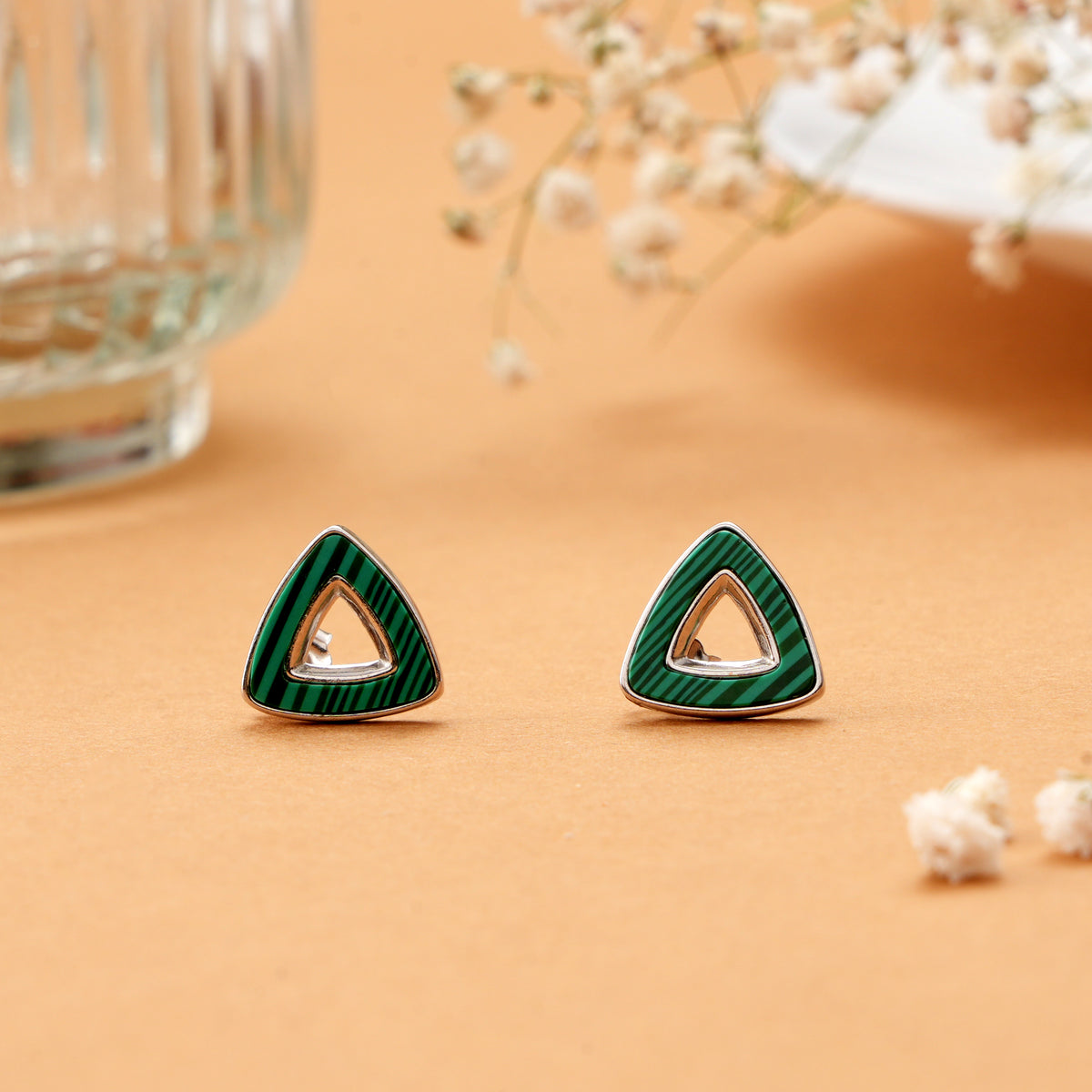 Natural Fan Shape Green Silver Stud
