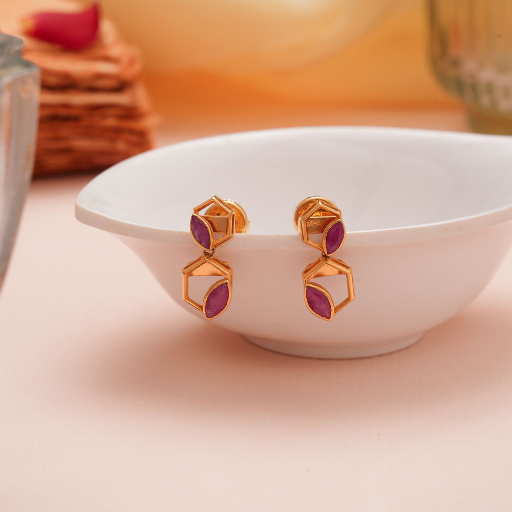 Trendy Geometric Dual Ruby Gold Earrings