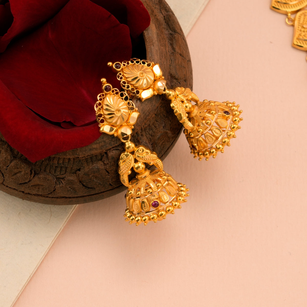 Peacock Design Single Ruby Gold Jhumkas