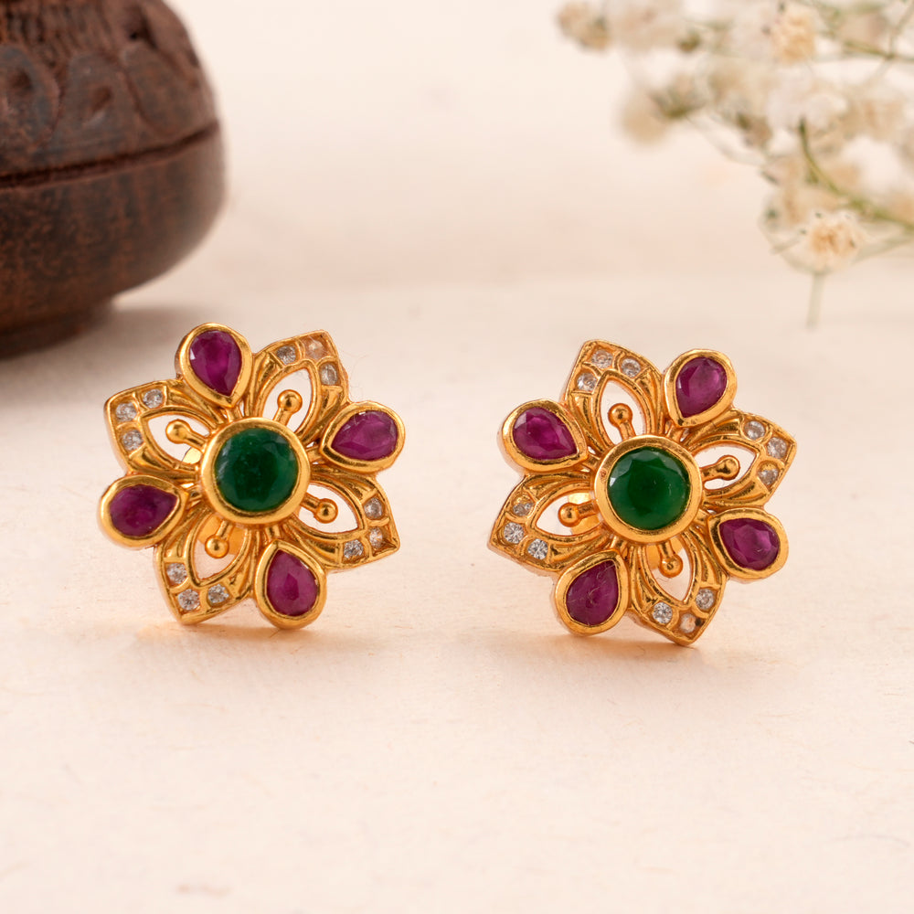 Floral Design Emerald and Ruby Kundan Stud