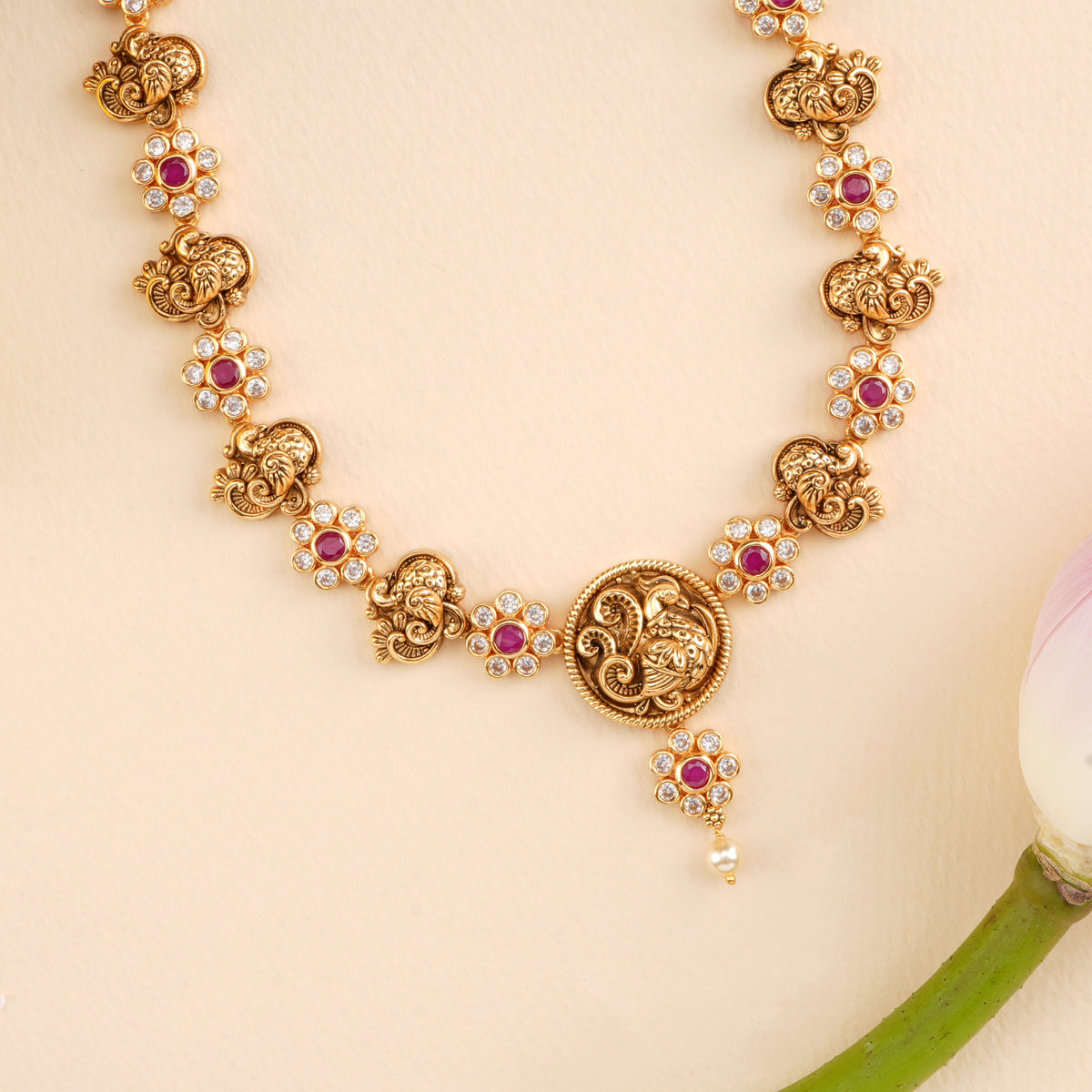 Peacock with Ruby Floral Antique Necklace