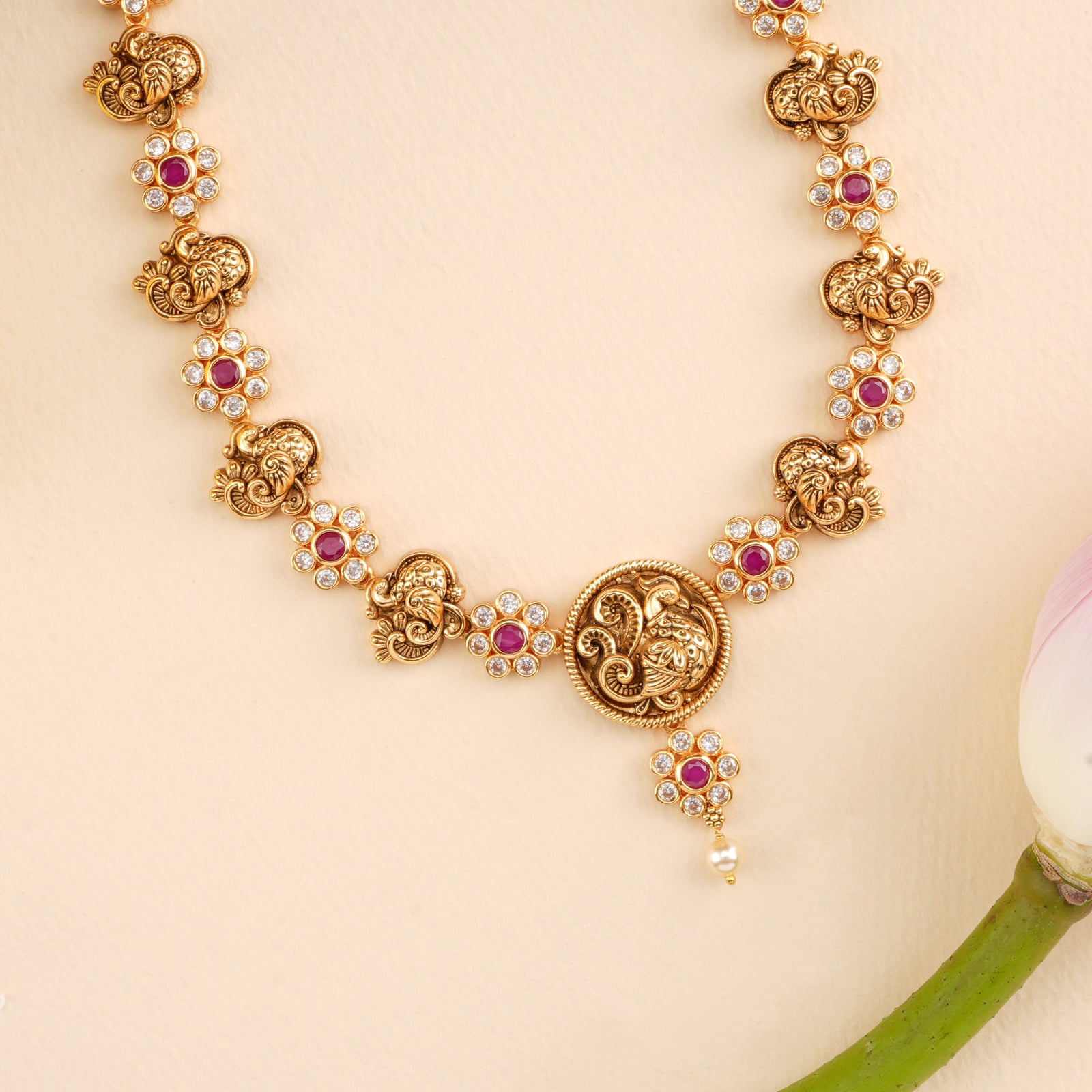 Peacock with Ruby Floral Antique Necklace