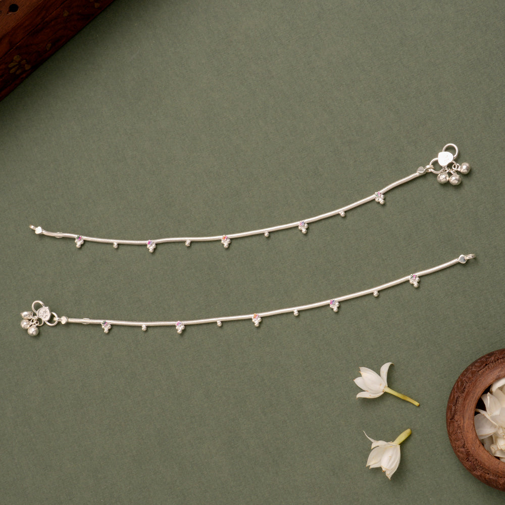 Floral Drop Silver Anklet with Enamel