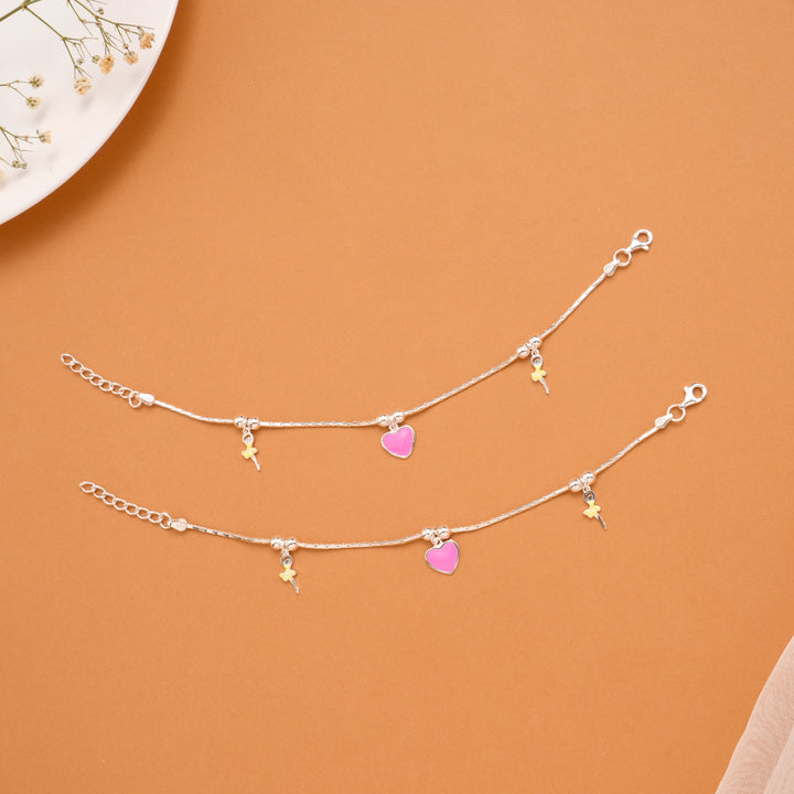 Tiny Charming Heart Silver Baby Anklets