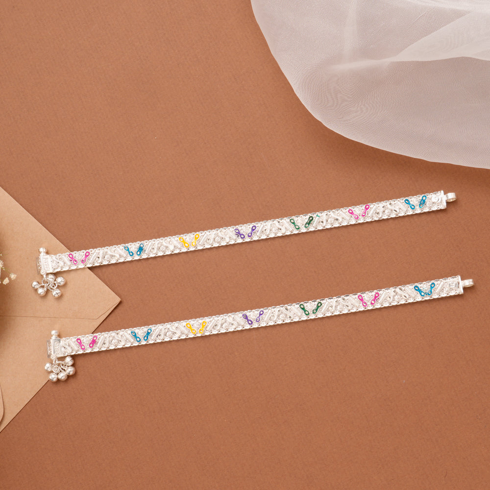 Colorful Enamel Motif Broad Silver Anklet