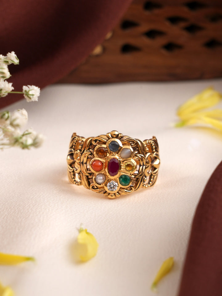 Royal Flower Navarathna Gold Ring