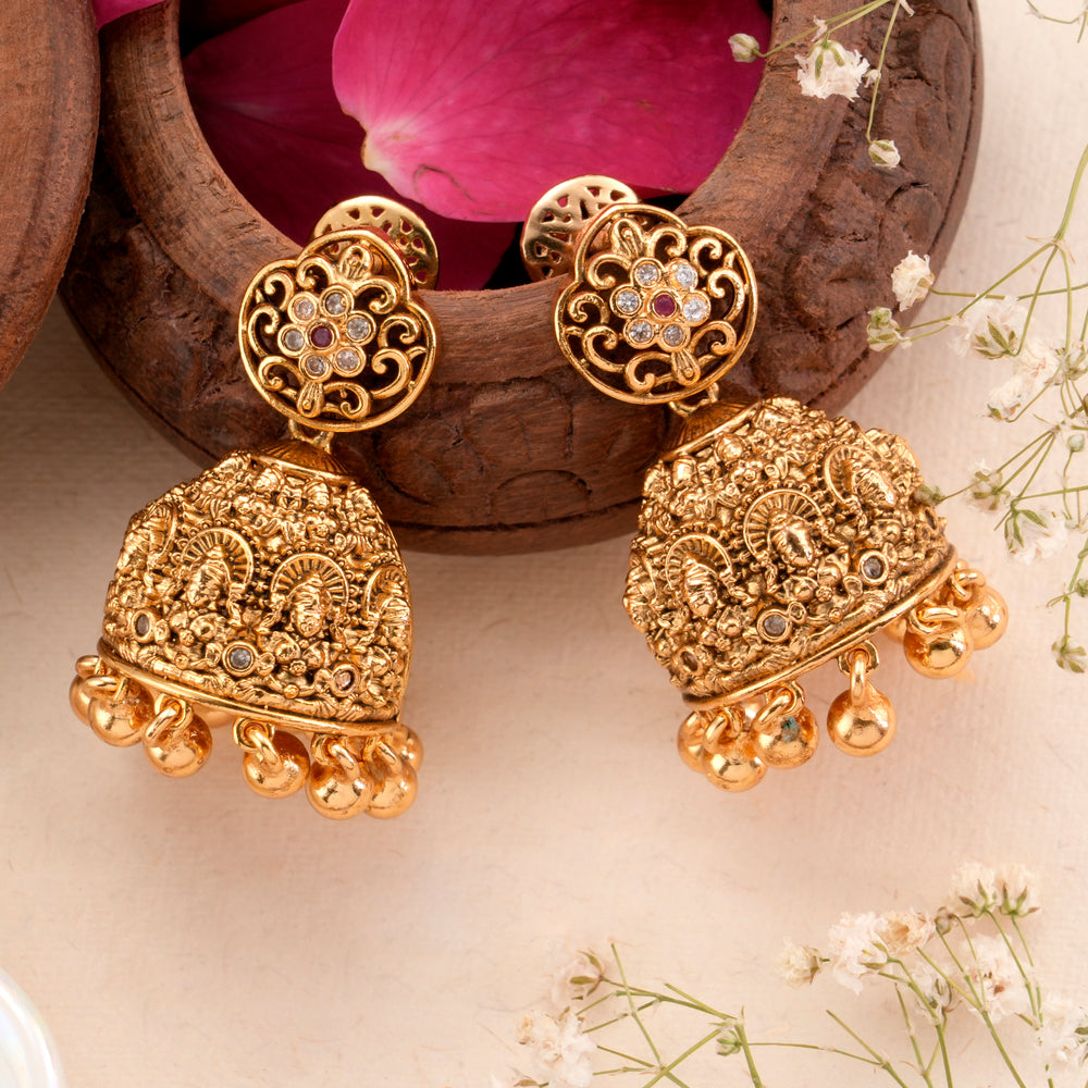 Nagas Floral Lakshmi Golden Bead Jhumkas
