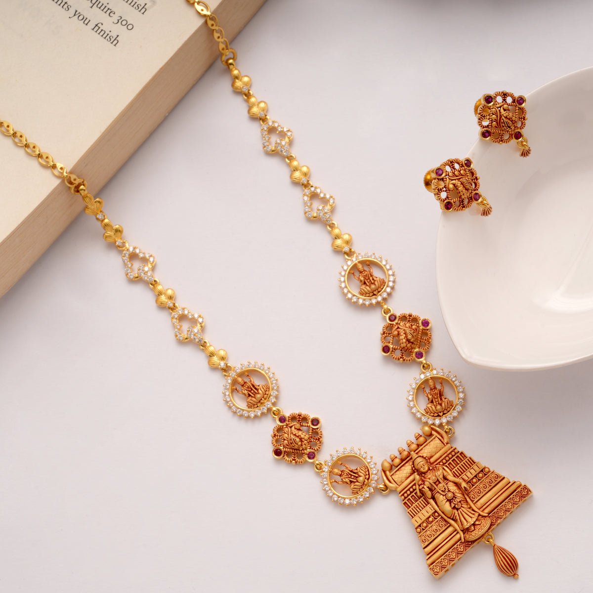 Meenakshi with Temple Casting Golden Necklace Set