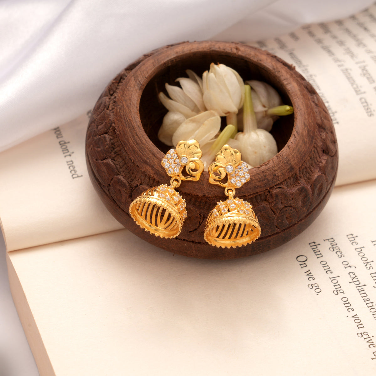 Beautiful Leaf Blossom Stone Golden Jhumkas
