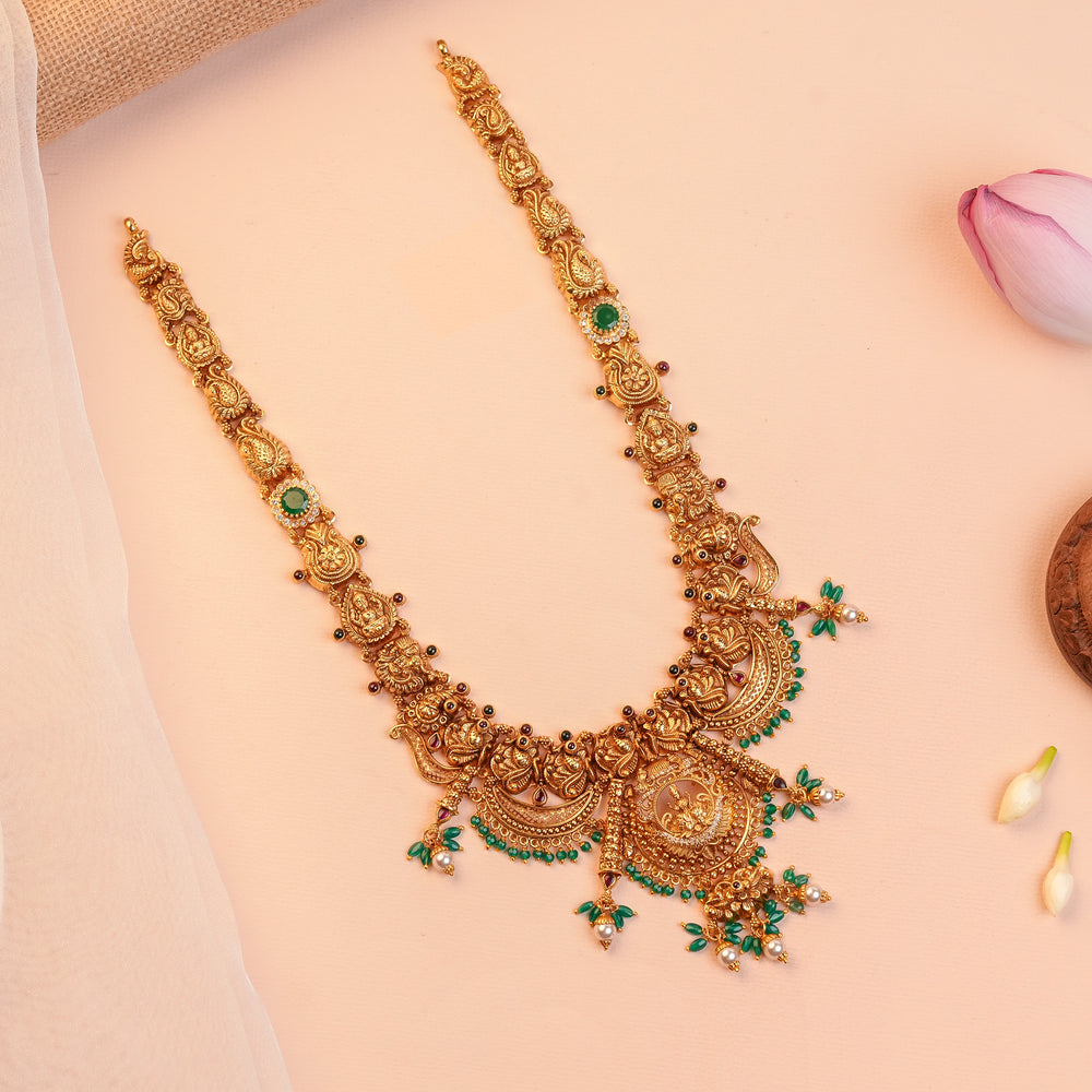 Gold Plated Silver Antique Lakshmi Temple Haram with Lakshmi Link Chain