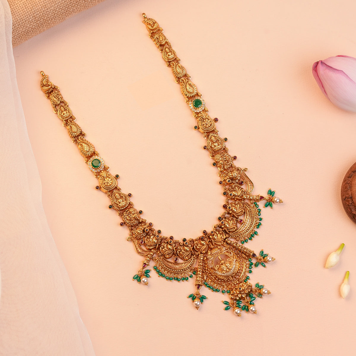 Gold Plated Silver Antique Lakshmi Temple Haram with Lakshmi Link Chain