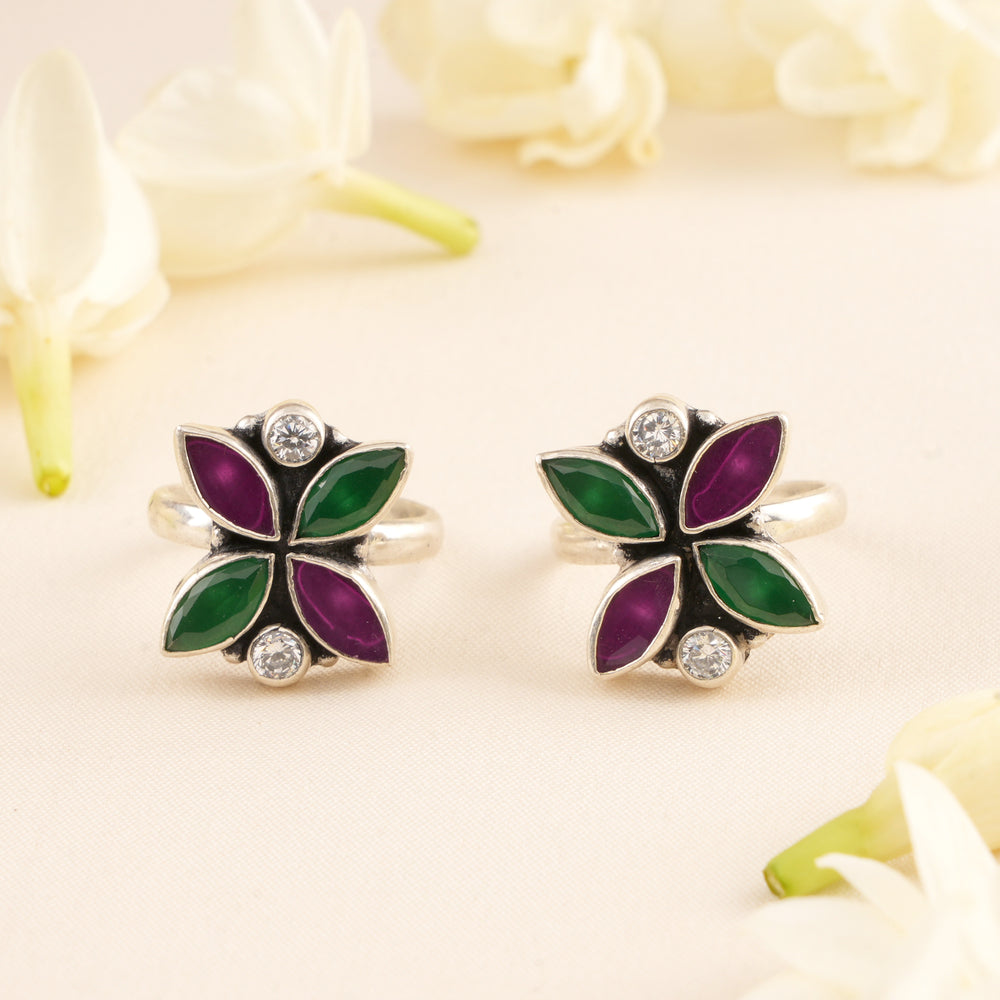 Ruby & Emerald Flower Design Toe Ring