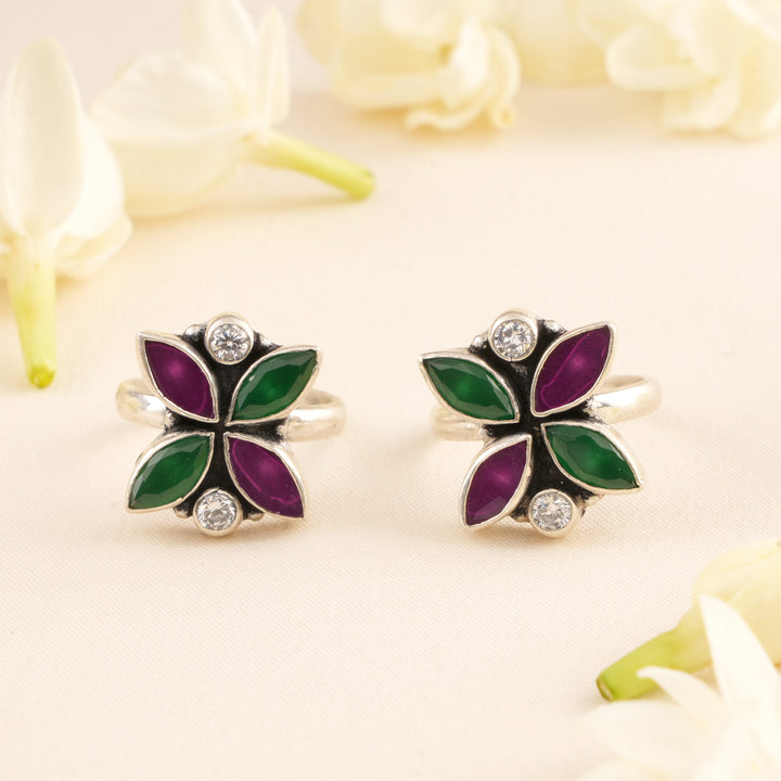 Ruby & Emerald Flower Design Toe Ring