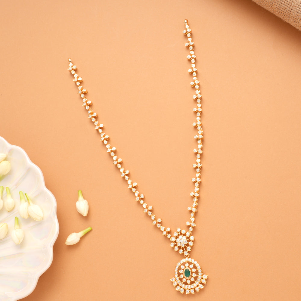 Blooming Flower Emerald White Stone Golden Necklace