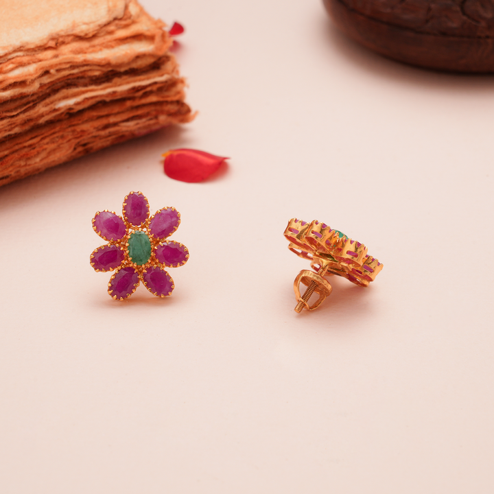 Blossom Floral Ruby Emerald Gold Stud