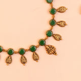 Gold Plated Silver Antique Green Stone Necklace with Lakshmi Teardrop Charms