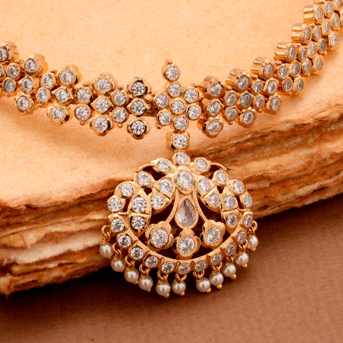 Traditional Gold Plated Attigai with White Stones