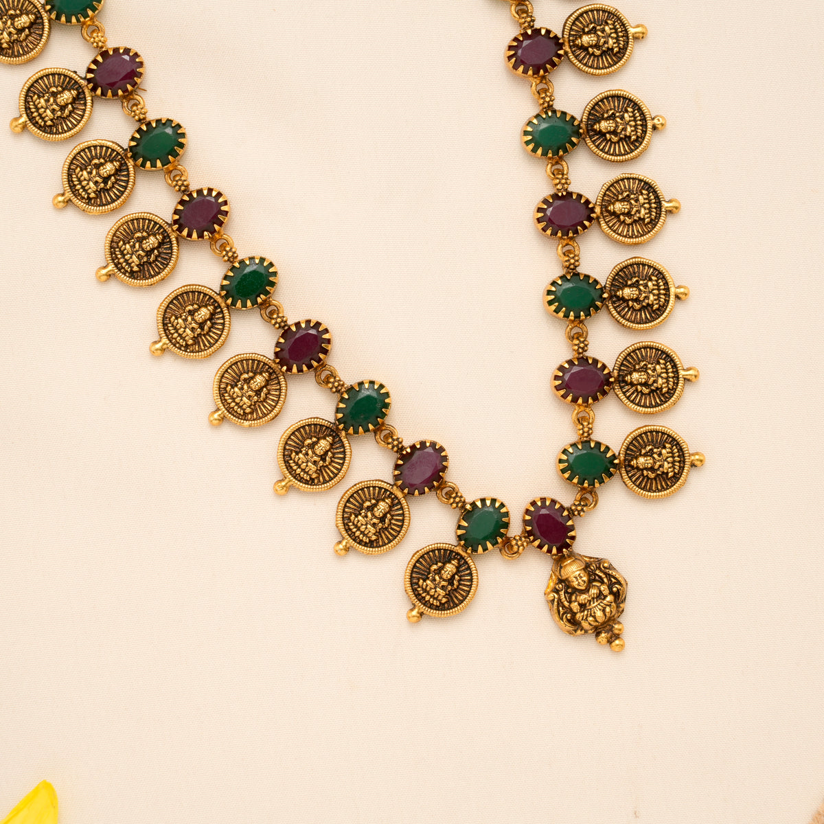 Ruby with Emerald Lakshmi Coin Golden Long Necklace