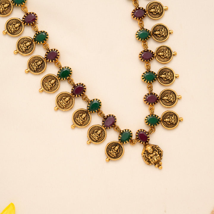 Ruby with Emerald Lakshmi Coin Golden Long Necklace